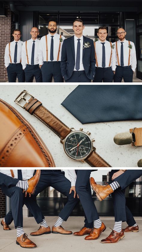 Rust And Navy Groomsmen Attire, Navy And Copper Groomsmen, Outdoor Summer Wedding Groomsmen Attire, Navy Blue Tux With Terracotta, Groom Socks Wedding, Groomsmen Attire Navy Blue And Burnt Orange, Teal And Rust Groomsmen, Navy Blue Grey And Burnt Orange Wedding, Groomsmen Tux Colors