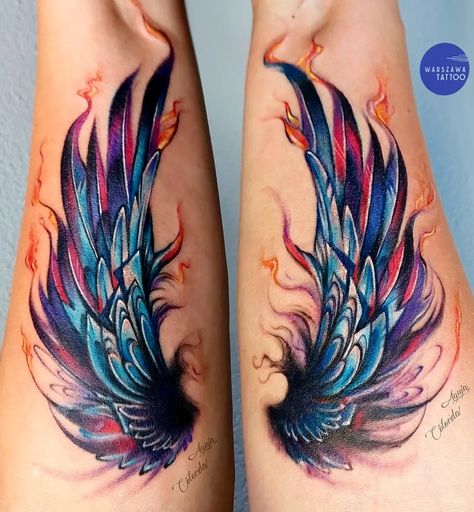 Angel Watercolor Tattoo, Angel Wings Tattoo Color, Colored Wing Tattoo, Colored Angel Wings Tattoo, Colored Wings Tattoo, Watercolor Wings Tattoo, Duo Tattoo, Watercolor Phoenix Tattoo, Phoenix Tattoo For Men