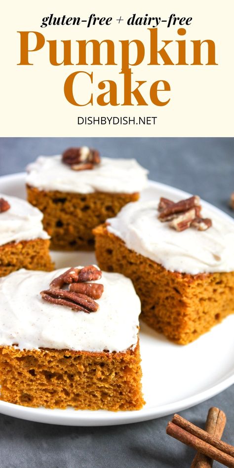 Tender and moist, this easy gluten-free pumpkin cake is filled with pumpkin flavor and topped with a delicious cinnamon cream cheese frosting. A delicious sweet snack or dessert for the fall, this pumpkin spice cake is sure to be a favorite! Totally dairy-free too. Dairy Free Pumpkin Cake, Pumpkin Coffee Cake Recipes, Gluten Free Pumpkin Cake, Gluten Free Pumpkin Recipes, Gluten Free Cake Mixes, Dairy Free Pumpkin, Pumpkin Cookie Recipe, Cinnamon Cream Cheese, Pumpkin Muffin Recipes