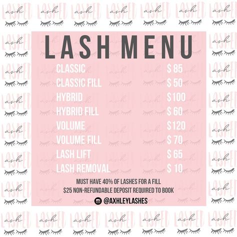 Lash Extensions Price List Design, Eyelash Extensions Price List, Lash Lift Price List, Lash Extensions Price List, Lash Price List Ideas, Lashes Price List, Lash Tech Price List, Lash Prices, Lash Price List