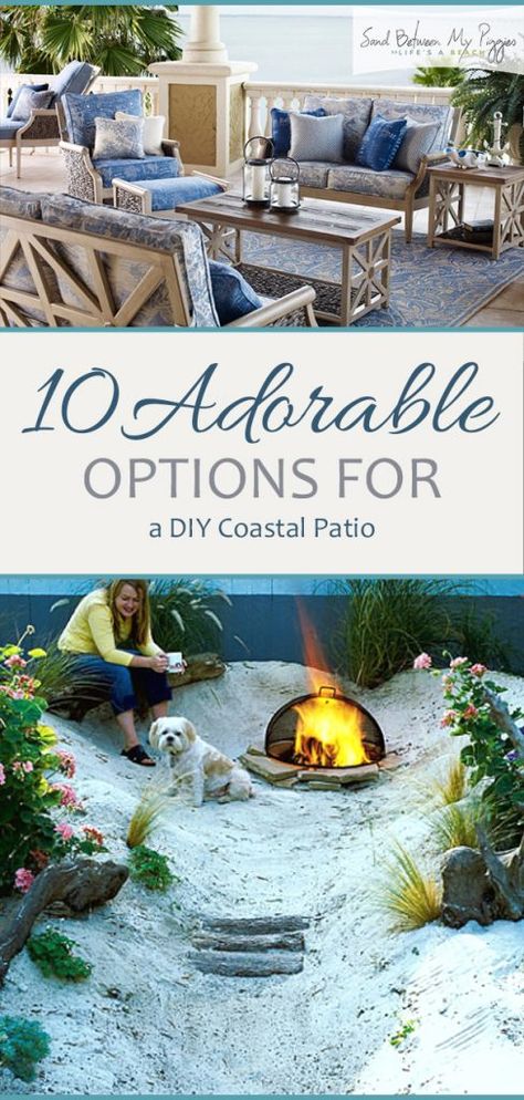 10 Adorable Options for a DIY Coastal Patio Patio Beach Theme, Beach Patio Decorating Ideas, Sand Patio Ideas Backyard Beach, Beach Backyard Ideas, Coastal Outdoor Patio, Coastal Patio Decor, Coastal Patio Ideas, Outdoor Coastal Decor, Coastal Backyard