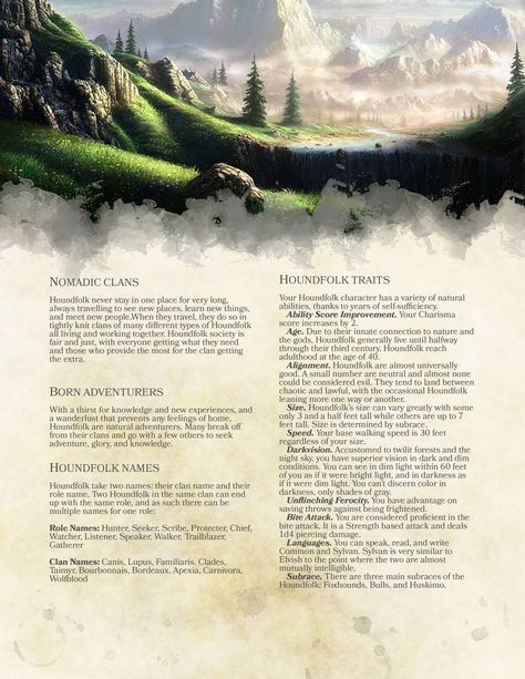 DnD 5e Homebrew — Houndfolk race by Not-Jim-Belushi 5e Races, Barbarian Dnd, Dungeons And Dragons Races, D D Races, Dnd Homebrew, Create Your Own Adventure, Dnd Races, Dnd Funny, Dnd 5e Homebrew