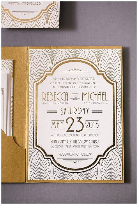 Art deco wedding invitations are a gorgeous addition to any art deco inspired event. Printed with gold foil, these gold wedding invitations have a die cut pocket to hold the ticket style response card. Click to see all of the details or PIN to save for later! Art Deco Wedding Stationery, 20s Art, Art Deco Party, Deco Wedding Invitations, Art Deco Invitations, Ticket Style, Art Deco Wedding Invitations, Deco Wedding, Wedding Suite