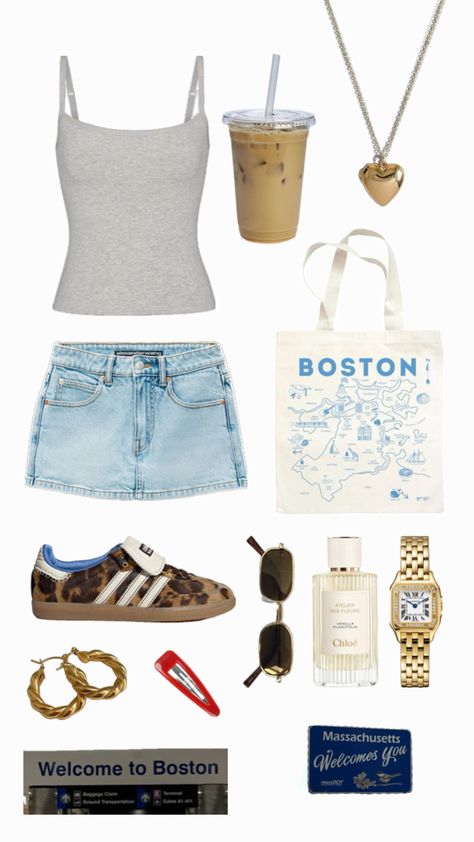 rendy summer outfit flat lay featuring a gray tank top, light denim mini skirt, and leopard print Adidas sneakers. Accessories include a Boston map tote bag, gold heart necklace, twisted gold hoop earrings, gold watch, and aviator sunglasses. Essentials like iced coffee, Chloé Vanilla Planifolia perfume, and a red hair clip complete the look. Welcome to Boston signs add a travel vibe. Perfect for a stylish city adventure." Boston Summer Outfit, Boston Summer Outfits, Coastal Aesthetic, Trendy Summer Outfits, Summer Outfit, Summer Looks, Chloe, Boston, Summer Outfits