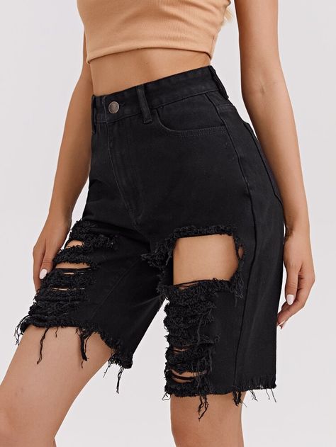 Raw Hem Ripped Denim Shorts | ROMWE USA Ripped Denim Shorts, Ripped Shorts, Halloween 1, Future Outfit, Shorts Skirts, Ripped Denim, Dream Clothes, Black Denim Shorts, Denim Women