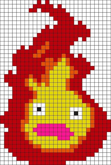 Calcifer Cross Stitch Pattern, Ghibli Perler Bead Patterns, Calcifer Alpha Pattern, Calcifer Perler Beads, Calcifer Cross Stitch, Howls Moving Castle Perler Bead, Calcifer Perler, Calcifer Pixel Art, Studio Ghibli Cross Stitch Pattern