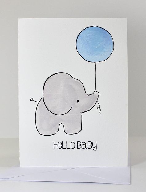 Baby shower card | Hello baby | Watercolor card | Hand painted | New baby | Baby boy | Elephant | Bl Baby Watercolor Card, Baby Shower Cards Handmade, Baby Watercolor, Baby Cards Handmade, Baby Boy Cards, Watercolor Baby Shower, Blue Balloon, Baby Shower Card, Boy Cards