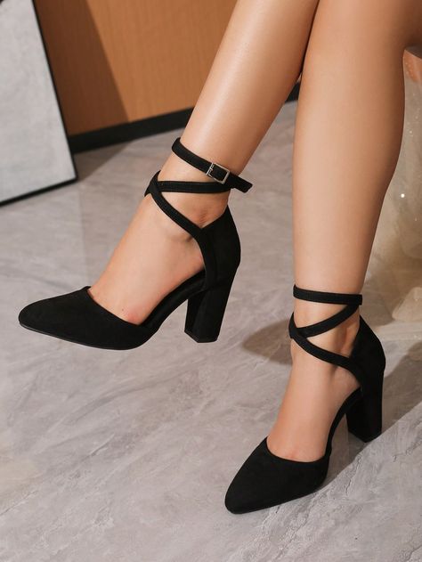 Black Elegant Collar   Plain Ankle Strap Embellished   Women Shoes Footwear With Dresses, Black Bride Shoes, Heels That Go With Everything, Shein Shoes High Heels, Church Shoes Women, Heels With Thick Heel, Md Shoes, Black Prom Shoes, Elegant Black Heels