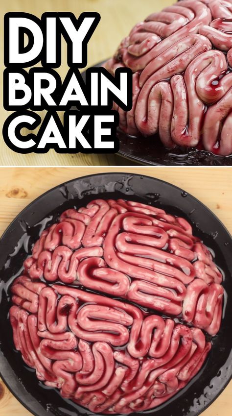 Brain Smash Cake, Gory Food Ideas, Brain Shaped Food, Brain Dessert, Brain Cake Ideas, How To Make Fake Brains For Halloween, Diy Brains Halloween, Brain Cake Pops, Halloween Gross Food