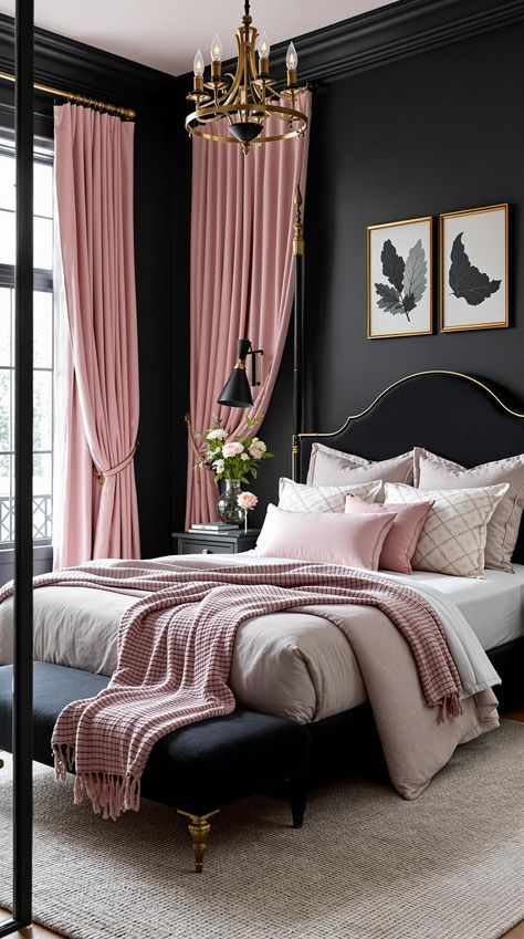 Pink and Black Bedrooms Black White Brown Pink Bedroom, Co Ed Bedroom Ideas, Black Bedroom Pink Accents, Dark Ceiling Pink Walls, Chic Modern Home Decor Master Bedrooms, Pink Accents In Bedroom, Pink Black And White Room Aesthetic, Glam Bedroom Pink, Girly Moody Bedroom