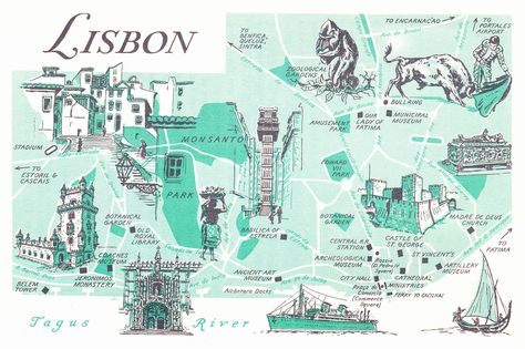 Old Map of Lisbon, Portugal Lisbon Map, Illustrated Maps, Sintra Portugal, Travel Notes, Belem, Portugal Travel, Illustrated Map, Old Map, Travel Maps