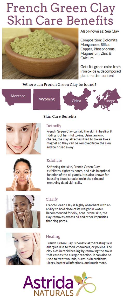 The benefits of adding French Green Clay into your skin care routine. Find out more here! http://www.astridanaturals.com/french-green-clay-skin-care-benefits #frenchgreenclay #clay #skincare #oilyskin #skin #infographic #astridanaturals French Clay Mask, Skin Infographic, Hoodoo Herbs, French Green Clay Soap, Diy Toiletries, Holistic Skincare, Skin Care Center, Homemade Moisturizer, Skincare For Oily Skin