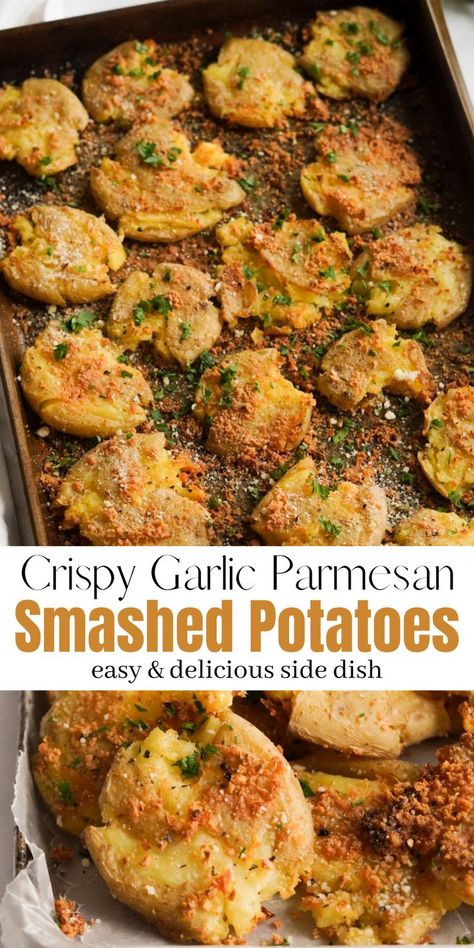 Crispy Garlic Parmesan Smashed Potatoes are made with only a few, simple ingredients - baby potatoes, fresh garlic, olive oil, and parmesan cheese. They're soft & fluffy in the middle, crispy on the edges, and oven baked to golden perfection. A perfect quick, easy, and flavorful side dish recipe! Garlic Parmesan Smashed Potatoes, Golden Potato Recipes, Parmesan Smashed Potatoes, Baked Baby Potatoes, Smashed Potatoes Baked, Gold Potato Recipes, Garlic Smashed Potatoes, Baby Potato Recipes, Garlic Parmesan Potatoes