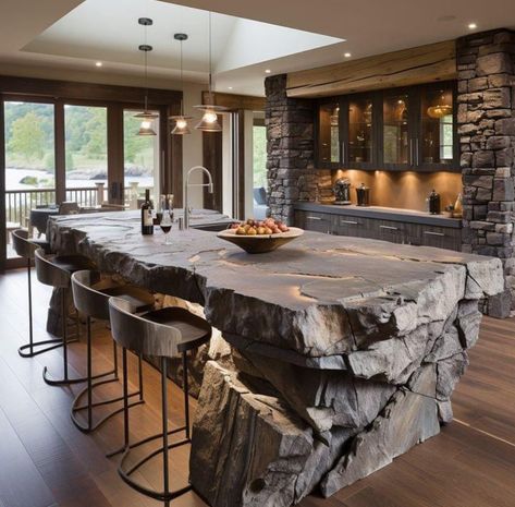 Stone On Island Kitchen, Island Kitchen Table Ideas, Rock Outdoor Kitchen, Natural Stone Kitchen Island, Luxury Farmhouse Kitchen Design, Rock In Kitchen, Stone Kitchen Island Ideas, Stone Island Kitchen, Luxury Kitchen Island Design