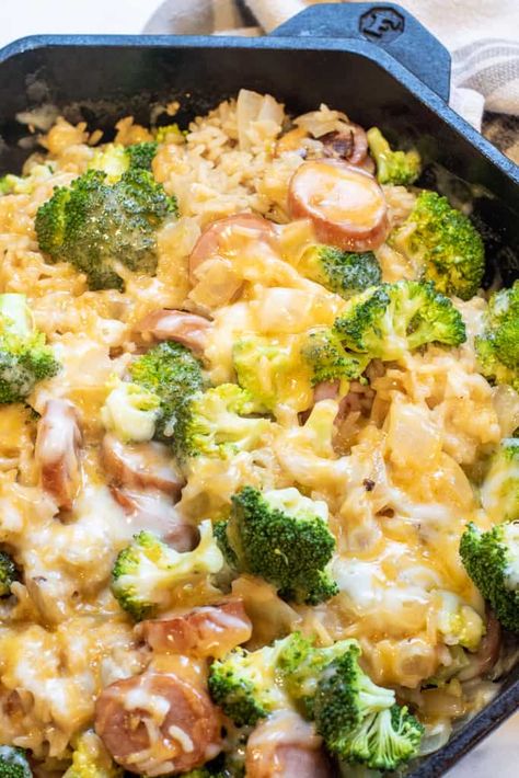 One-Pot Cheesy Kielbasa, Broccoli, and Rice Kielbasa Broccoli, Cheesy Kielbasa, Broccoli And Rice, Broccoli Bake, Mexican Street Corn Salad, Mexican Street Food, Broccoli Rice, Kielbasa, Corn Salads