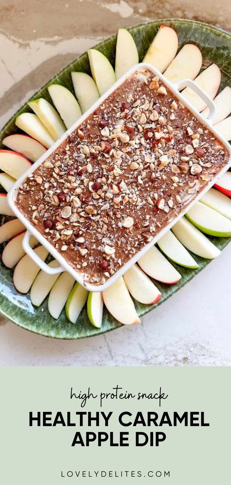 This Healthy Caramel Apple Dip is naturally high in protein and made with cottage cheese, greek yogurt and a natural caramel that's made from medjool dates! Sweet and crunchy homemade caramel dip for apples. Caramel Apple Dip Healthy, Protein Caramel Apple Dip, Apple Dip With Greek Yogurt, Healthy Caramel Apple Dip, High Protein Apple Dip, Cottage Cheese Dip Recipes Healthy, Cottage Cheese Dip Sweet, High Protein Fruit Dip, Cottage Cheese Apple Dip