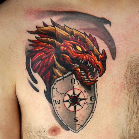 Dragon & Shield Compass Tattoo by Raul Ugarte Dragon Shield Tattoo, Tattoos For Women Dragon, Sundial Tattoo, Shield Tattoo, Compass Rose Tattoo, Dragon Shield, Dragon Tattoos, Ink Master, Compass Rose