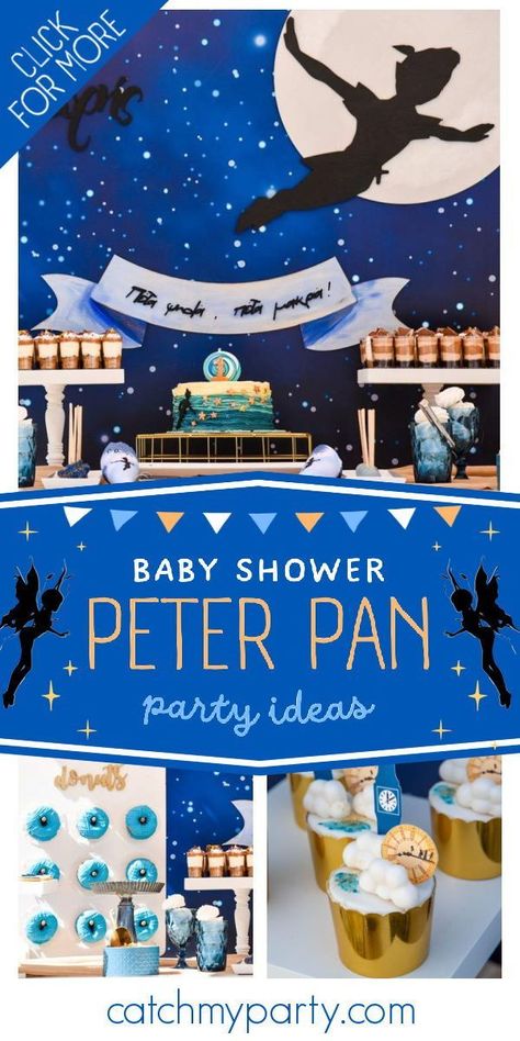 Take a look at this cute Peter Pan baby shower! Love the cookies! See more party ideas and share yours at CatchMyParty.com Peter Pan Baby Shower Games, Peter Pan Baby Shower Ideas Boys, Peter Pan Centerpiece Ideas, Neverland Baby Shower Ideas, Peter Pan Party Decorations, Peter Pan Baby Shower Ideas, Peter Pan Themed Party, Baby Shower Disney Theme, Disney Baby Shower Ideas