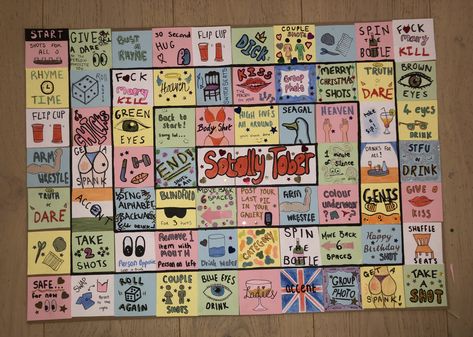 Fun home-made drinking game with dares and challenges ⚡️ Drinking Challenges Games, Drinking Dares, Dare Board Game, Home Made Games, Booze Board, Drinking Challenges, Drinking Board Games, Beer Olympics, Sleepover Party Games