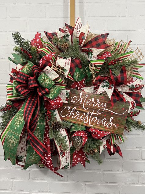 Christmas Door Wreath Rustic Christmas Farmhouse Wreath - Etsy Christmas Wreath Designs, Farmhouse Christmas Wreath, Large Christmas Wreath, Christmas Door Wreath, Holiday Wreaths Christmas, Traditional Wreath, Rustic Christmas Wreath, Deco Mesh Christmas Wreaths, Christmas Mesh Wreaths