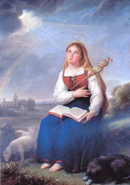 St. Genevieve saved her town from the Huns and committed her life to God at age seven. Saint Genevieve, St Genevieve, Female Painters, All Saints Day, Catholic Art, Christian Blogs, Patron Saints, God Jesus, Roman Catholic