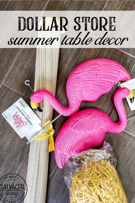 Luau Centerpieces Diy Dollar Stores, Summer Centerpieces Party, Flamingo Tablescape, Flamingo Centerpiece Ideas, Summer Party Centerpieces, Luau Centerpieces, Flamingo Centerpiece, Summer Table Centerpieces, Plastic Flamingo