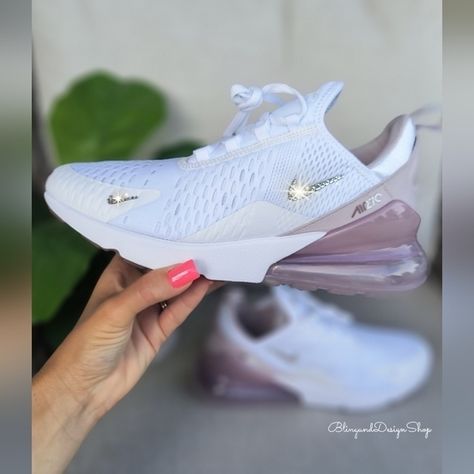 Women's Nike Air Max 270 White Violet Sneakers made with Swarovski Crystals 270 Nike Shoes, Nike Air Vapormax Women, Nike Leather Sneakers, Womens Nike Air Max 270, Nike Air Max 270 White, Swarovski Nike, Nike Waffle Racer, Shoes Customized, Air Logo