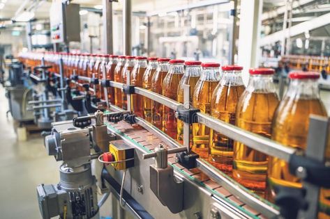 Conveyor belt, juice in glass bottles on beverage plant or factory interior, industrial manufacturing production line. Toned royalty free stock photo Interior Industrial, Industrial Manufacturing, Factory Interior, Food Manufacturing, Factory Architecture, Supermarket Shelves, Banana Breakfast, Employee Training, Conveyor Belt