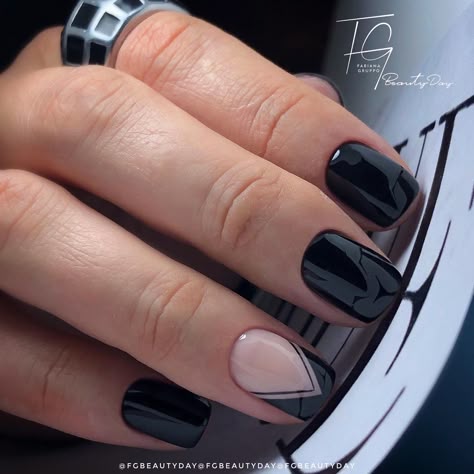 Short Black Biab Nails, Black Tip Coffin Acrylic Nails, Black Shellac Nails Design, Squoval Nails Design Black, Cute Black Nails Ideas Simple, Black And Natural Nails, Black Sns Nail Designs, Black Squoval Acrylic Nails, Black And Nude Nails Simple