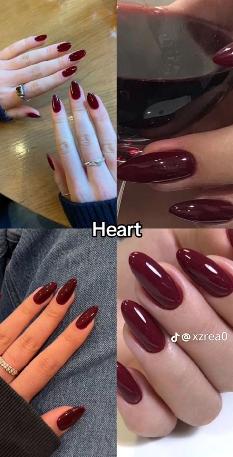 Red And Gold Nails French Tip, Almond Deep Red Nails, Deep Winter Nails, Plum Red Nails, Almond Red Nails Design, Aubergine Nails, Autumn Red Nails, Spanish Nails, Red Nails Cherry