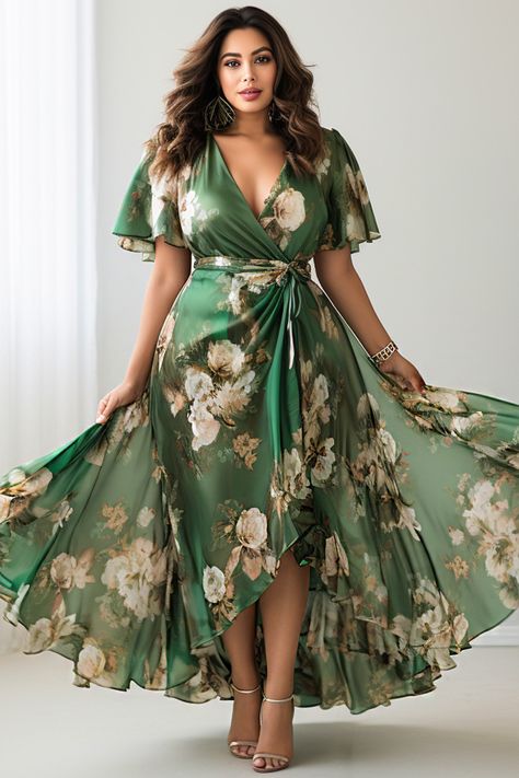 Flycurvy Plus Size Everyday Green Floral Print Wrap Waist Flutter Sleeve Maxi Dress Xxl Size Dresses Style, V Neck Pattern, Green Floral Print, Clothes Ideas, Maxi Dress With Sleeves, Printed Sleeves, Neck Pattern, Chiffon Fabric, Stunning Dresses