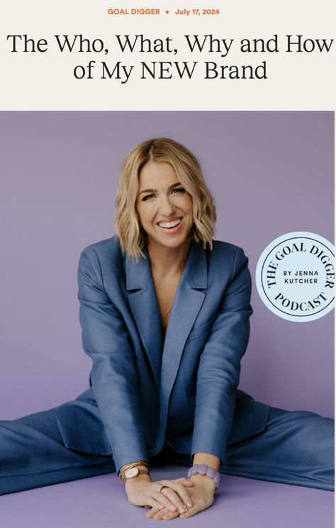 The Who, What, Why and How of My NEW Brand | The Goal Digger Podcast | Jenna Kutcher | A lot of times when we think about a rebrand, we think about new logos and colors… and as you’ll hear in this episode, there was a lot of that.  But through this process, there was also a lot of discussion about what the Jenna Kutcher brand IS.  In this episode, I’m peeling back the curtain on what went into the new brand, why it came about, who played a role in helping get it done, and how we went about it. Jenna Kutcher Pinterest, Jenna Kutcher Branding, Jenna Kutcher Profile, Personal Rebrand, Jenna Kutcher, Podcasts Spotify, Pinterest Guide, Business Branding Inspiration, Brand Shoot