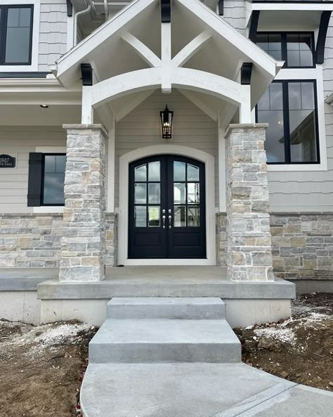 Bickimer Homes on Instagram: "Stately beauty. Craftsman elevation with lap siding, shake shingle, board batten and natural stone. Love the combination of materials!" Exterior House Color With Stone, House Paint Exterior With Stone, Fake Stone Siding Exterior Homes, White House With Stone Veneer, Timeless Siding Colors, Stone With Board And Batten Exterior, Desert Stone Lp Smart Siding, Batanes Houses, Partial Stone House Exterior