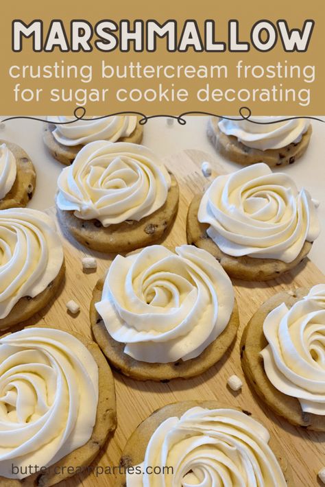 This marshmallow buttercream combines the nostalgic taste of marshmallow and the fun hobby of buttercream sugar cookie decorating together. You'll use an ingredient that does not alter the consistency of buttercream. This is how you are able to still decorate buttercream sugar cookies. The marshmallow flavor is the perfect amount and goes great with vanilla, chocolate, and s'mores cut out sugar cookie recipes, all found on the blog, buttercreamparties.com, as well! Enjoy! Flavored Cookie Icing, Buttercream For Cookies That Hardens, Crusting Buttercream Recipe For Cookies, Buttercream Sugar Cookie Decorating, Buttercream Cookie Decorating, Buttercream Cookie Frosting, Decorating Sugar Cookies For Beginners, Decorating Cookies With Buttercream, Sugar Cookies Buttercream Frosting