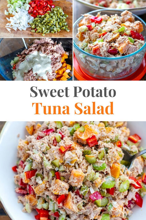 Learn how to make a simple, healthy, Whole30 tuna salad with sweet potatoes, celery, peppers and mayonnaise dressing for a nutritious and balanced lunch, post-workout meal or as a quick make-ahead dinner. This tuna salad is paleo, gluten-free, high in protein and fibre and low in carbs.  via @irena_macri Canned Tuna Salad, Whole30 Salads, Paleo Potato Salad, Balanced Lunch, Mayonnaise Dressing, Classic Tuna Salad, High Protein Salads, Canned Tuna Recipes, Healthy Tuna