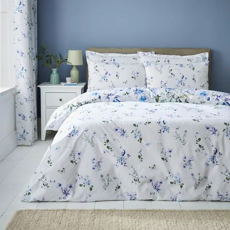 Matching Bedding And Curtains, Watercolour Florals, Blue Bedroom Decor, Feminine Bedroom, Blue Duvet, Blue Duvet Cover, Oxford Style, Floral Duvet Cover, Floral Bedding