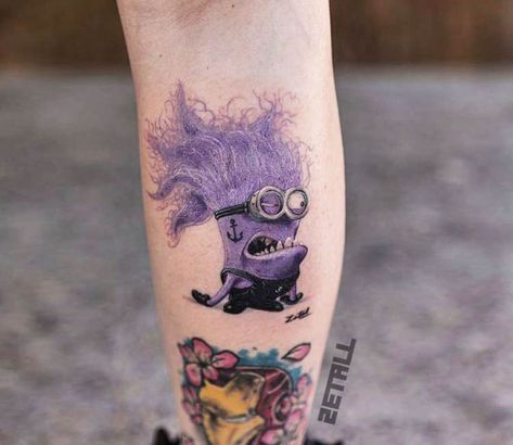 Bad Minion tattoo by Victor Zetall Bad Minion, Minion Tattoo, Steve Butcher Tattoo, Tongue Tattoo, Purple Minion, Purple Minions, Cartoon Tattoo, Comic Tattoo, Despicable Me 2