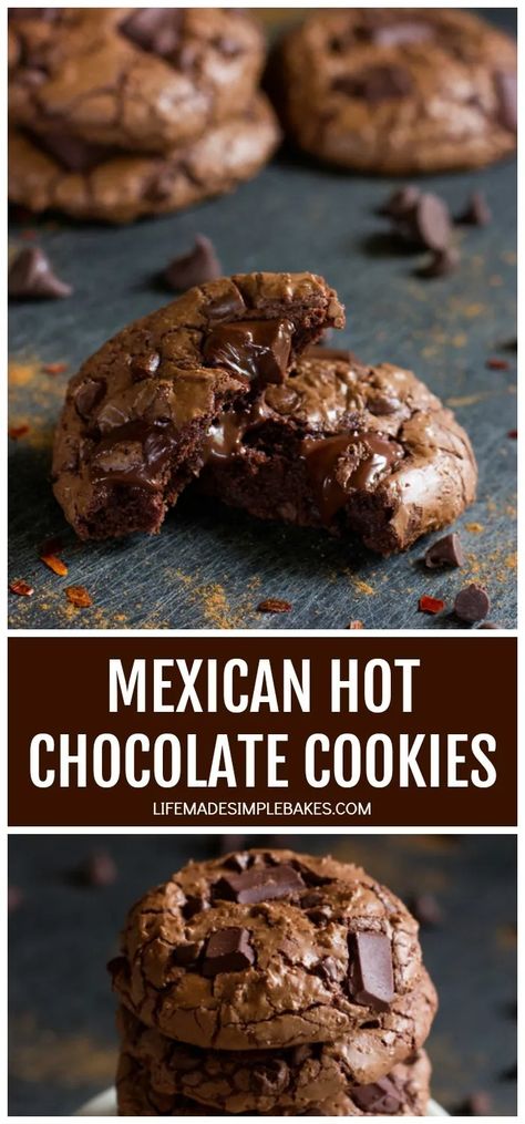 Deep, dark, and fudgy, these Mexican hot chocolate cookies are incredibly intense! Hints of cinnamon and chili pepper take these cookies to a whole to new level! #mexicanhotchocolatecookies #hotchocolatecookies #mexicanhotchocolate #spicychocolatecookies #spicyhotchocolatecookies Aztec Chocolate Cookies, Chocolate Chili Cookie, Spicy Mexican Chocolate Cookies, Chocolate Abuelita Cookies, Mexican Hot Chocolate Cookies Abuelita, Mexican Chocolate Chip Cookies, Mexican Chocolate Recipes, Mexican Cookie Recipes, Mexican Chocolate Desserts