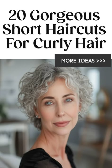 Elegant woman with short curly gray hair and text overlay "20 Gorgeous Short Haircuts For Curly Hair" with a call-to-action button "MORE IDEAS". Long Pixie For Curly Hair, Short Curly Wash And Go Hair, Playful Hairstyles For Women, Women’s Short Curly Haircuts, Short Haircuts For Women With Curly Hair, Grey Curly Hair Natural Curls, Short Haircuts For Curly Hair Women, Short Curly Grey Hair, Curly Pixie Cuts Naturally