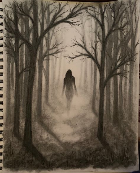 Forest Drawing With Pencil, Ghost In Forest Drawing, Amazing Art Sketches, Foggy Forest Drawing Pencil, Lost In The Woods Drawing, Dark Woods Drawing, Creepy Path Drawing, Charcoal Expressive Drawing, Pencil Drawing Forest