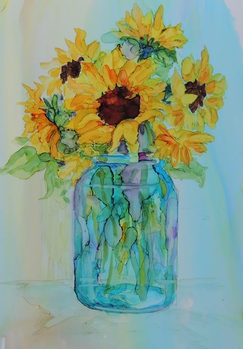 Original alcohol ink on yupo painting by Carolyn Opderbeck Sunflowers in a Ball Jar Lynn Whipple, Sunflower Paintings, Sunflower Watercolor Painting, Boom Kunst, Watercolor Sunflowers, Reverse Painting, Ball Jar, Alcohol Ink Crafts, Texas Art