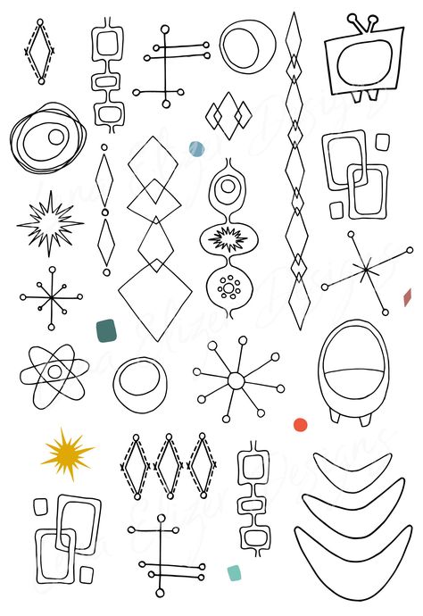 Retro Vector Shapes by HeyLenaDesigns on @creativemarket Retro Futurism Drawing, 50s Doodles, Mid Century Modern Motifs, Retro Aesthetic Design, Mid Century Shapes, Mid Century Modern Shapes, 70s Shapes, Mid Century Tattoo, Shape Doodles