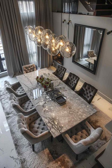 Dining Room Design Mixed Chairs, Dining Room Statement Wall Modern, Glam Dining Room Decor Luxury, Dining Room Ideas Modern Luxury, Dining Room Mixed Chairs, Statement Dining Table, Extra Large Dining Table, Big Table Dining Room, Restoration Hardware Dining Room Table