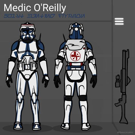 CT- 1898 is a veteran clone medic in the 501st Legion and is apart of Captain Embar's Hunting Division. As one of the oldest clones in the division, O'Reilly isn't phased by the horrors that occur during battles and as a medic he had to suck up any fear he had and do his job for his brothers sake. He once had to preform open heart surgery on a clone while his position was being bombarded by Hyena Class Bombers. Star Wars Commando, Battle Of Geonosis, Grand Army Of The Republic, Clone Trooper Armor, Order 66, 501st Legion, Grand Army, Star Wars Trooper, Star Wars Models