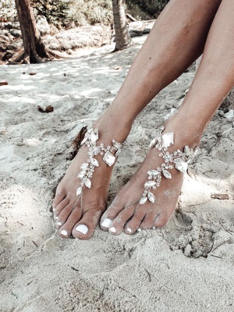 Emmaline Bride - Handmade Wedding Blog Hi, lovelies! If you’re planning a beach wedding, have you… Handmade Wedding Blog Crystal Barefoot Sandals, Boho Barefoot Sandals, Bridal Foot Jewelry, Barefoot Sandals Wedding, Rhinestone Anklet, Beach Wedding Sandals, Wedding Anklets, Beach Wedding Sandals Barefoot, Beach Wedding Shoes