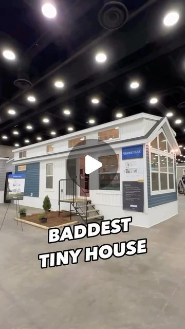 TINYHOMESLIFE🏠 on Instagram: "🫣This tiny house is a LIL BADDIE! This tiny home model is the “ShorePark 1969SL, “ built by Skyline Champion!  The house features a stylish design with a white and blue exterior, large windows, and a gable roof. There is a small porch with steps leading up to the entrance.   Credit: @chanceshomeworld   #tinyhouse #tinyhome #tinyhomeslife #prefabhouse #housetour #newhome" Porch With Steps, Small House Videos, Small House Model, Small Houses On Wheels, Cheap Tiny House, Tiny Loft, Tiny House Big Living, Loft House Design, Small Porch