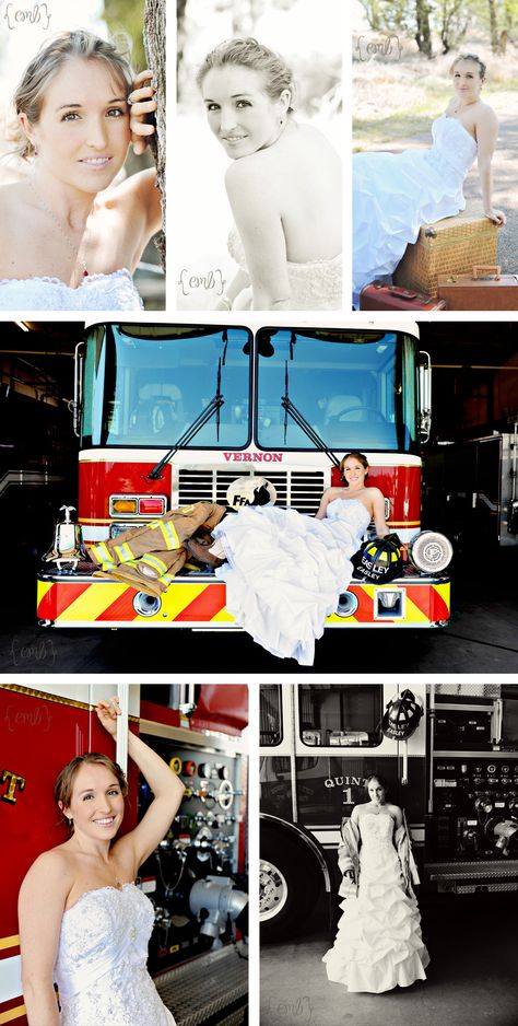 Fire Station Photo Shoot, Senior Picture With Fire Truck, Fire Dept Engagement Pictures, Firefighter Class A Uniform Wedding Pictures, Firehouse Wedding Photos, Firehouse Wedding, Bridal Shots, Station Photo, Firefighter Wedding