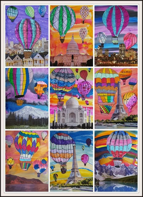 Art 2nd Grade, Hot Air Balloons Art, Landscape Collage, Classe D'art, 2nd Grade Art, 6th Grade Art, 4th Grade Art, 5th Grade Art, 3rd Grade Art