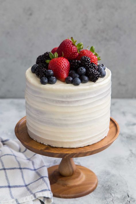 Mixed Berry Layer Cake with Cream Cheese Frosting- The Little Epicurean Simple Bday Cakes For Women, Berries Cake Decoration, Strawberry Blueberry Cake, Berry Birthday Cake, Simple Cake Ideas, Berry Layer Cake, Simple Birthday Cakes, Berry Cakes, Homemade Birthday Cake