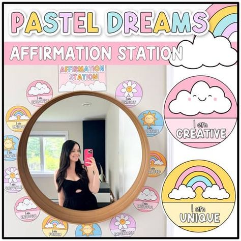 Pastel Dreams Classroom Decor: Affirmation Station | Affirmation Mirror Editable Words Of Affirmation Mirror, Decorate A Mirror, Calm Classroom Decor, Affirmation Mirror, Inspirational Bulletin Boards, Affirmation Station, Calm Classroom, Door Display, Door Displays